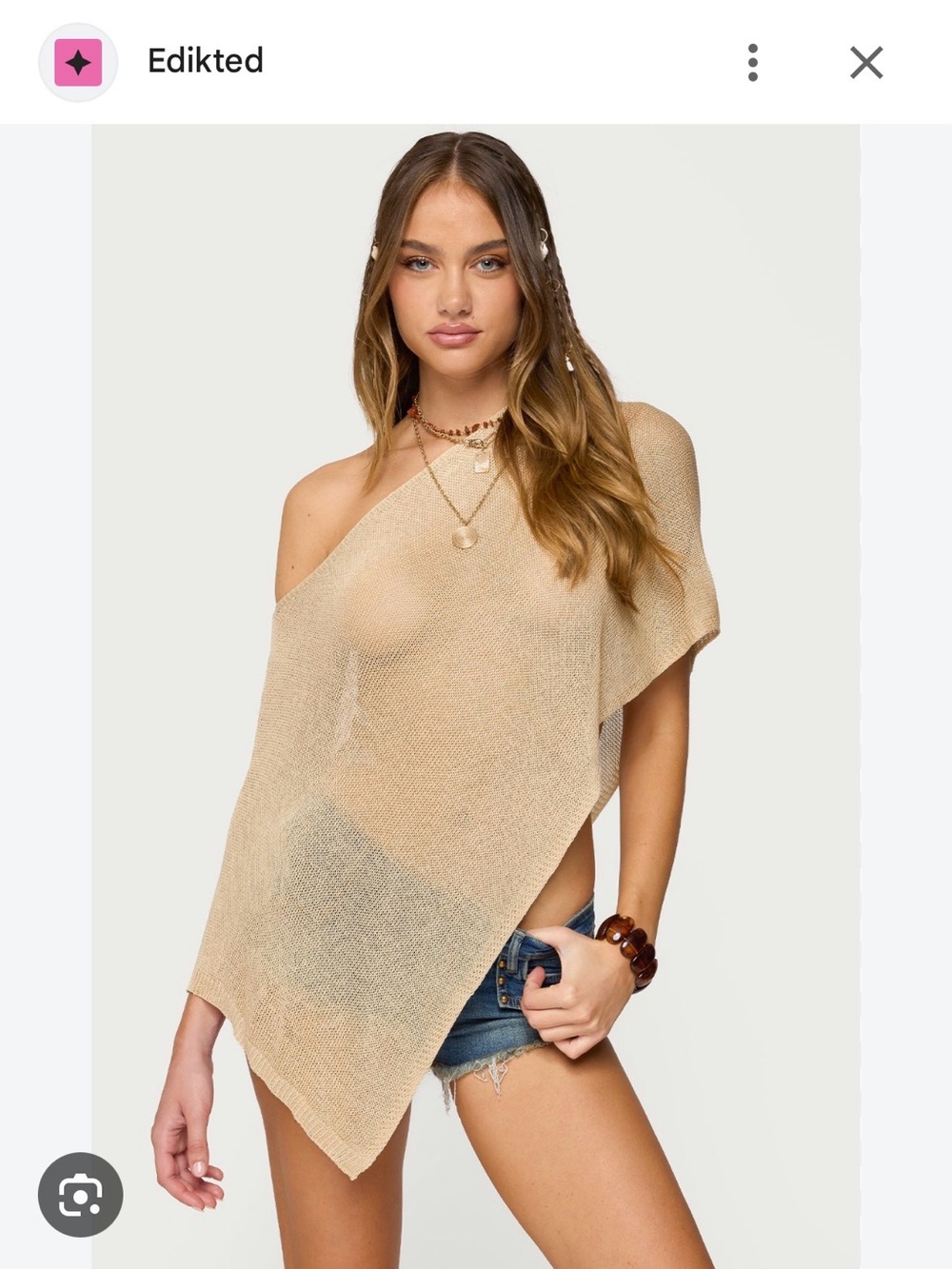 Edikted Beige One-Shoulder Sheer Knit Top